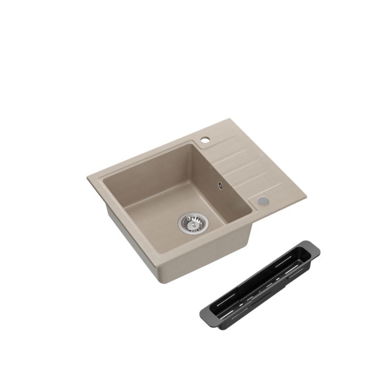 PETER 116 GraniteQ zlewozmywak granitowy pearl beige (beżowy) 1-komorowy z/o (62x50x20) z syfonem i zaślepką + wkładka czarna re