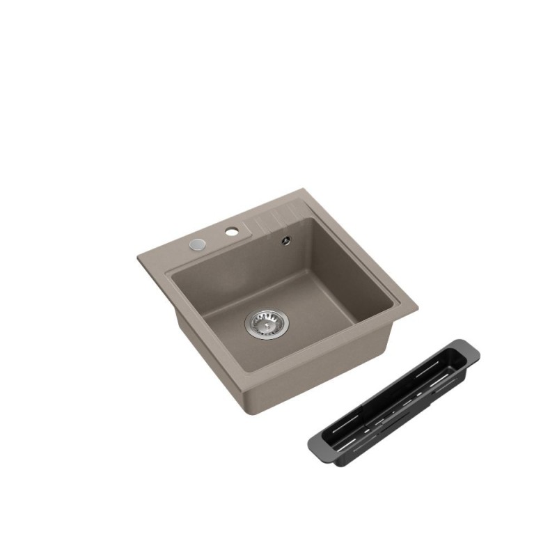 PETER 110 GraniteQ zlewozmywak granitowy soft taupe 1-komorowy z/o (50x52x20) z syfonem i zaślepką + wkładka czarna regulowana