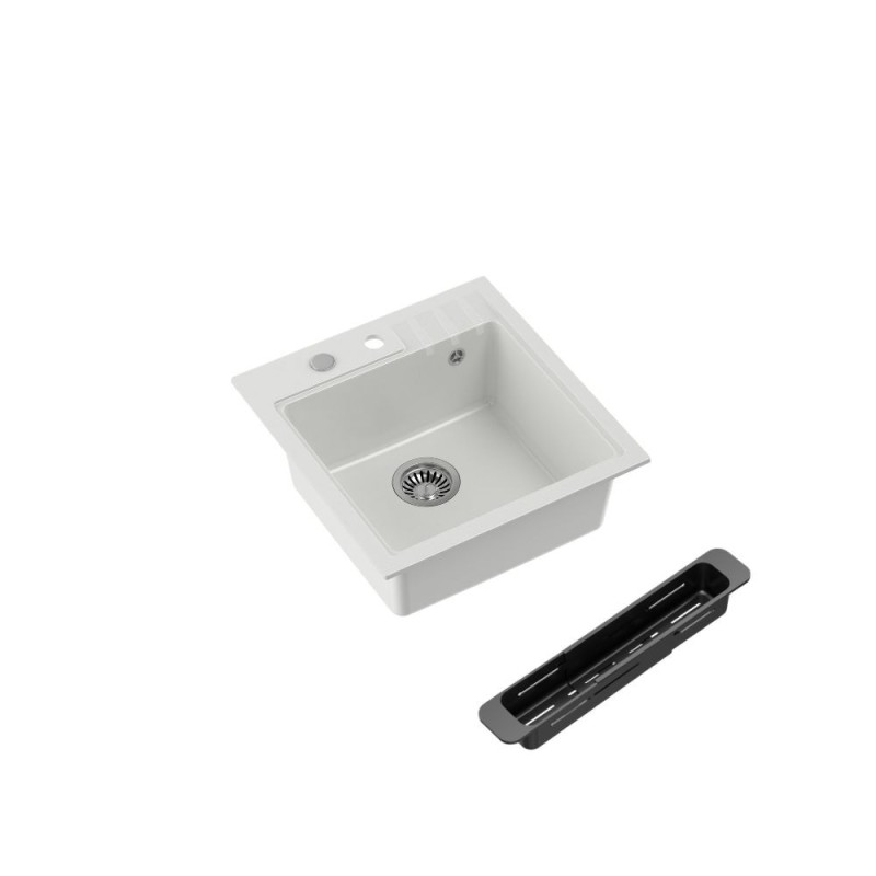 PETER 110 GraniteQ zlewozmywak granitowy snow white 1-komorowy z/o (50x52x20) z syfonem i zaślepką + wkładka czarna rozsuwana