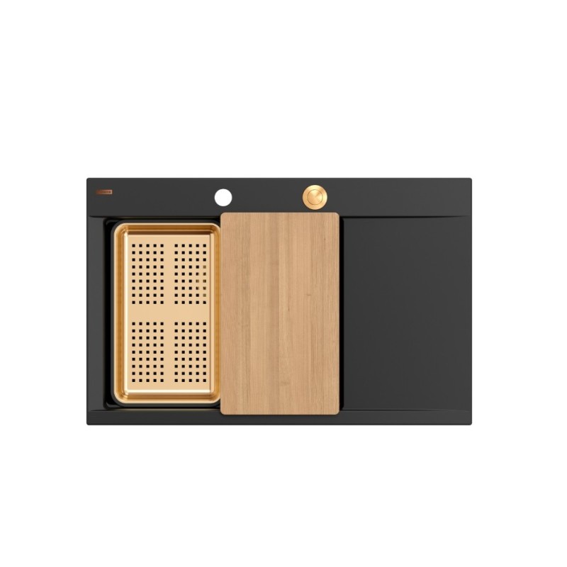 JOSH 111 GraniteQ zlewozmywak 1-komorowy z/o (780x500x215) pure carbon / elementy miedziane + PATELNIA WOK TEFAL