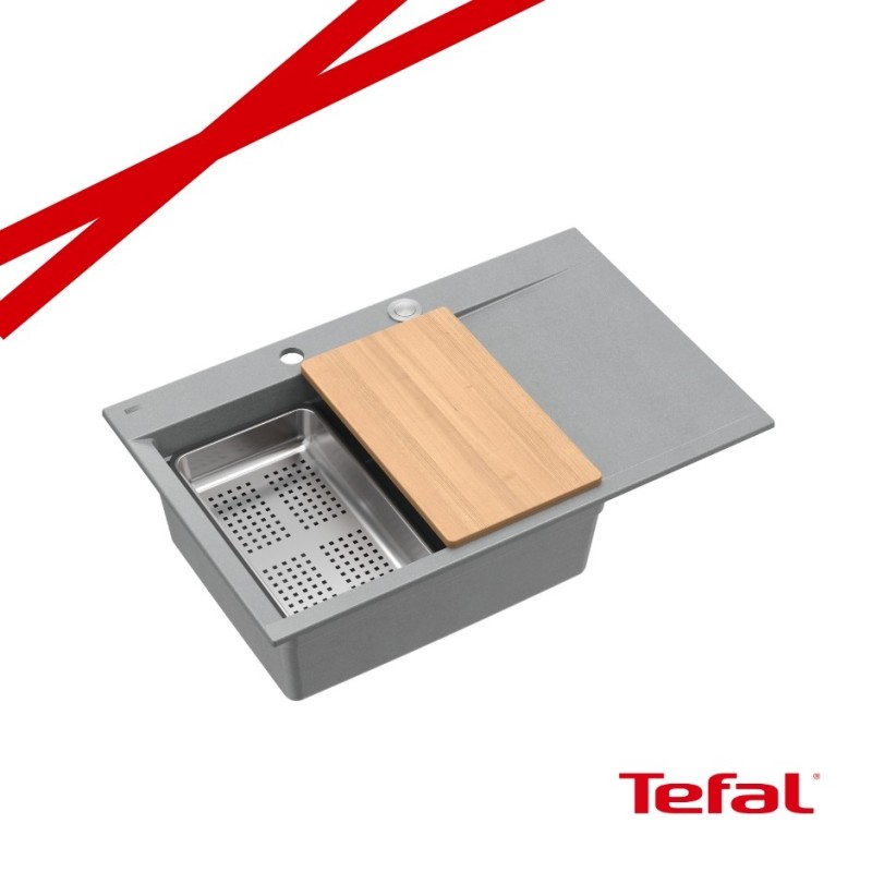 JOSH 111 GraniteQ zlewozmywak 1-komorowy z/o (780x500x215) silver stone / elementy stalowe + PATELNIA WOK TEFAL