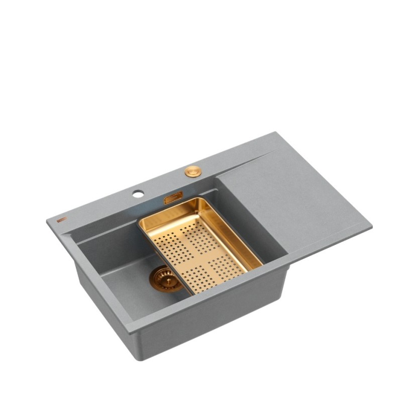 JOSH 111 GraniteQ zlewozmywak 1-komorowy z/o (780x500x215) silver stone / elementy miedziane + PATELNIA WOK TEFAL