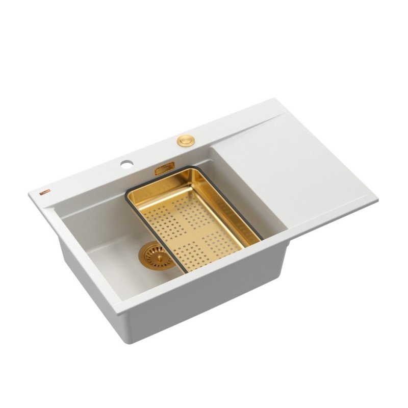 JOSH 111 GraniteQ zlewozmywak 1-komorowy z/o (780x500x215) snow white / elementy miedziane + PATELNIA WOK TEFAL