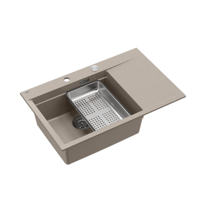 JOSH 111 GraniteQ zlewozmywak 1-komorowy z/o (780x500x215) soft taupe / elementy stalowe + PATELNIA WOK TEFAL