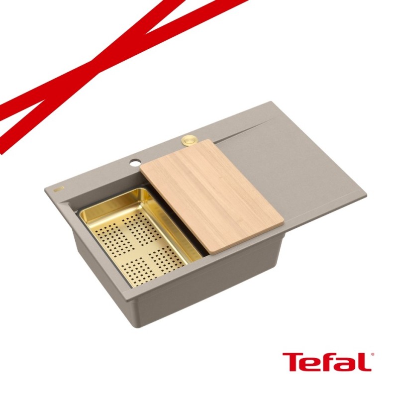 JOSH 111 GraniteQ zlewozmywak 1-komorowy z/o (780x500x215) soft taupe / elementy złote + PATELNAI WOK TEFAL