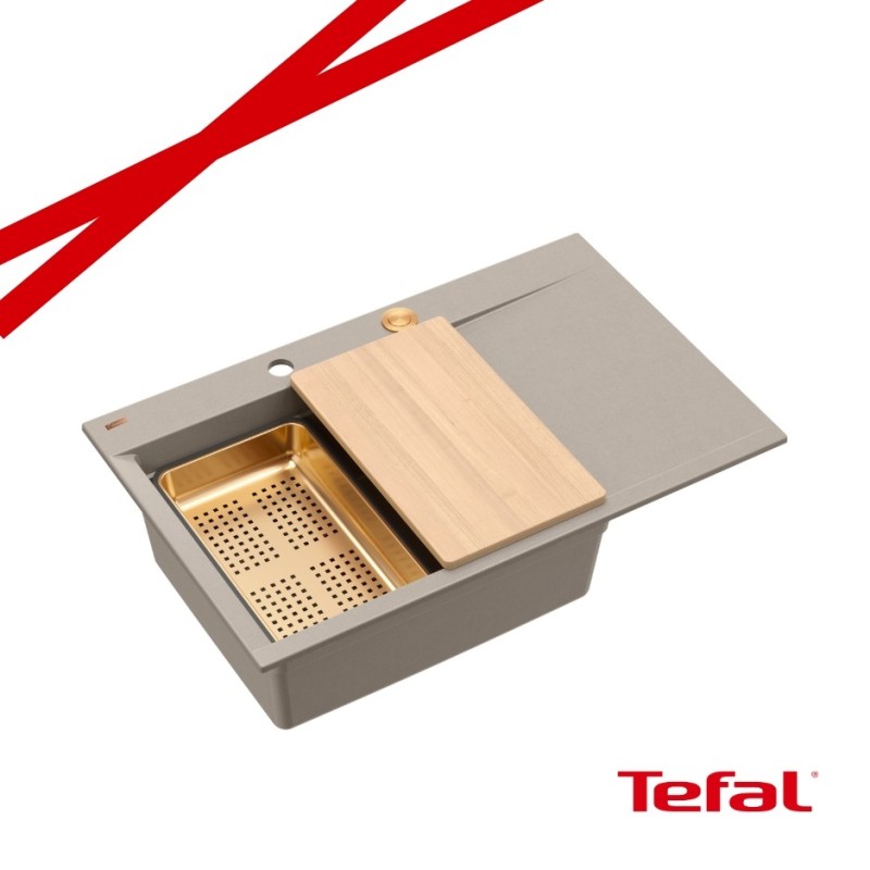 JOSH 111 GraniteQ zlewozmywak 1-komorowy z/o (780x500x215) soft taupe / elementy miedziane + PATELNIA WOK TEFAL