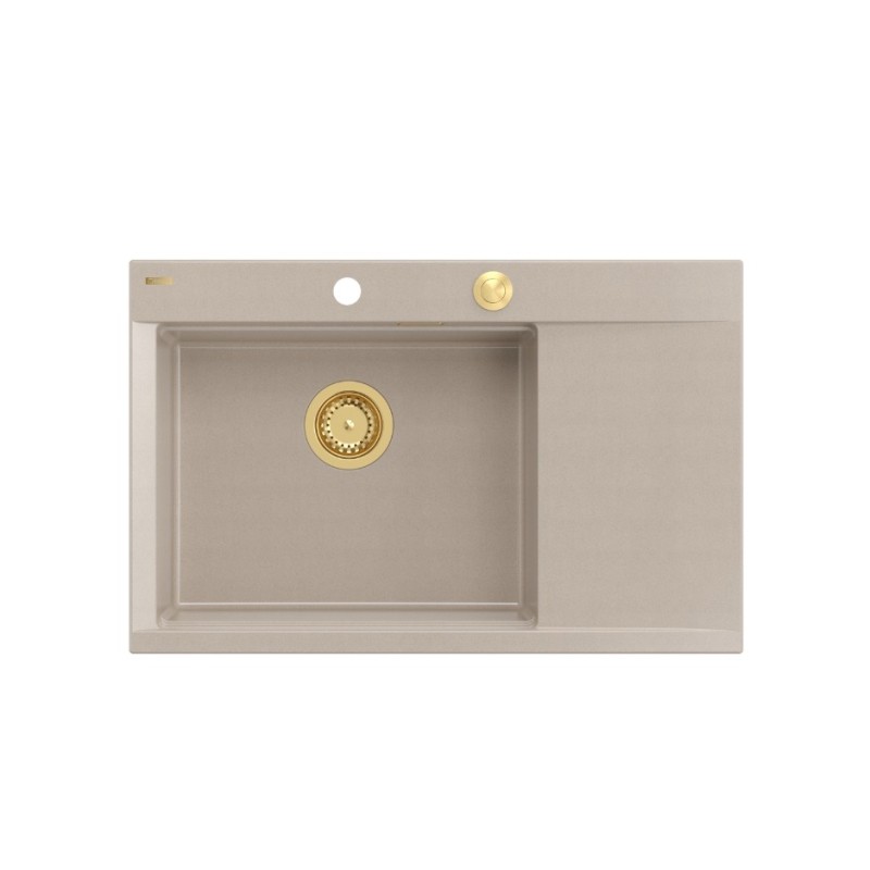 JOSH 111 GraniteQ zlewozmywak 1-komorowy z/o (780x500x215) pearl beige  + syfon push 2 open + deska + wkładka/ elementy złote