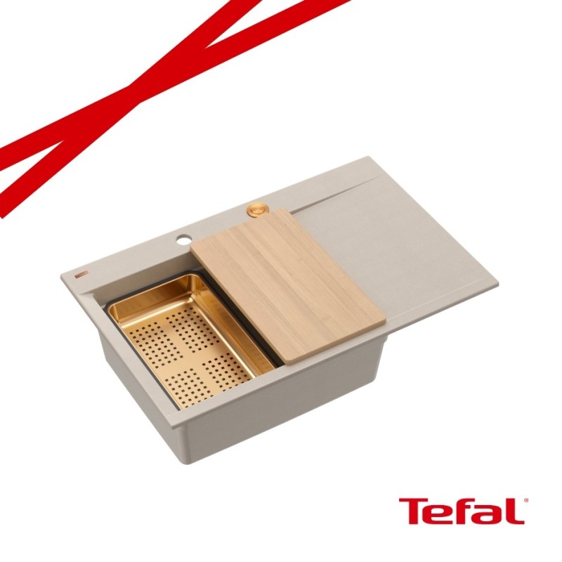 JOSH 111 GraniteQ zlewozmywak 1-komorowy z/o (780x500x215) pearl beige / elementy miedziane + PATELNIA WOK TEFAL