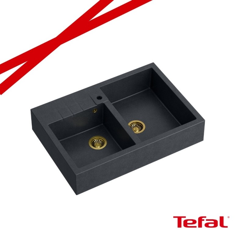 BILL 120 GRANITEQ zlewozmywak nakładany 2-komorowy 900x620x220 mm, black diamond / elementy złote + PATELNIA TEFAL WOK