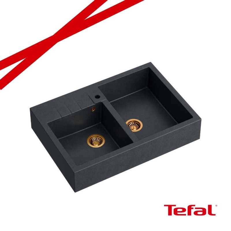 BILL 120 GRANITEQ zlewozmywak nakładany 2-komorowy 900x620x220 mm, black diamond / elementy miedziane + PATELNIA TEFAL WOK