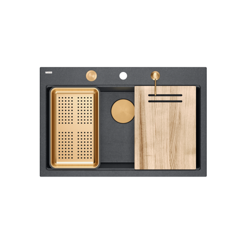 MARC 110 WORKSTATION GraniteQ zlewozmywak 1-komorowy 760*500*235 mm black diamond  / elementy miedziane + PATELNIAWOK TEFAL