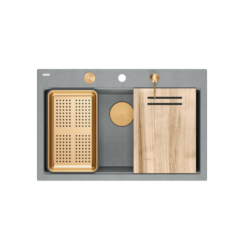 MARC 110 WORKSTATION GraniteQ zlewozmywak 1-komorowy 760*500*235 mm silver stone / elementy miedziane + PATELNIA WOK TEFAL