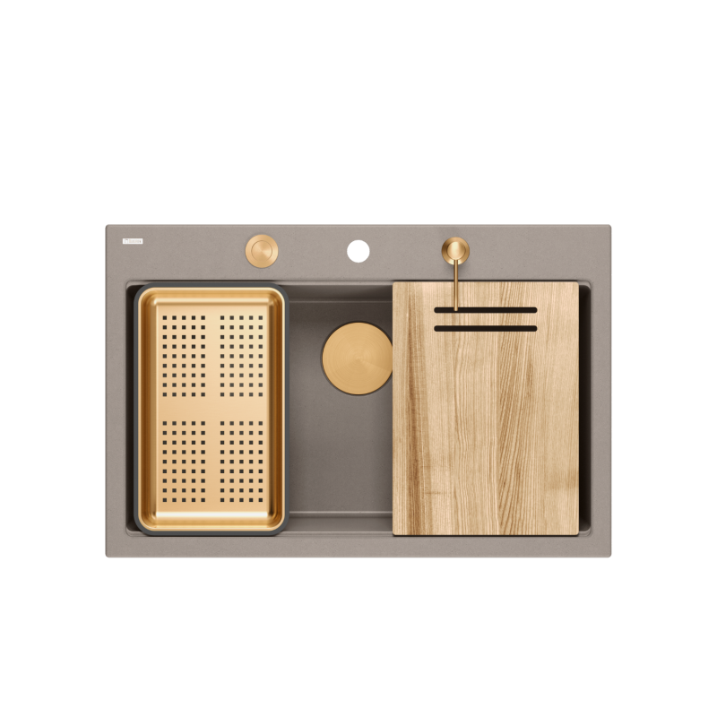 MARC 110 WORKSTATION GraniteQ zlewozmywak 1-komorowy 760*500*235 mm soft taupe / elementy miedziane + PATELNIA WOK TEFAL