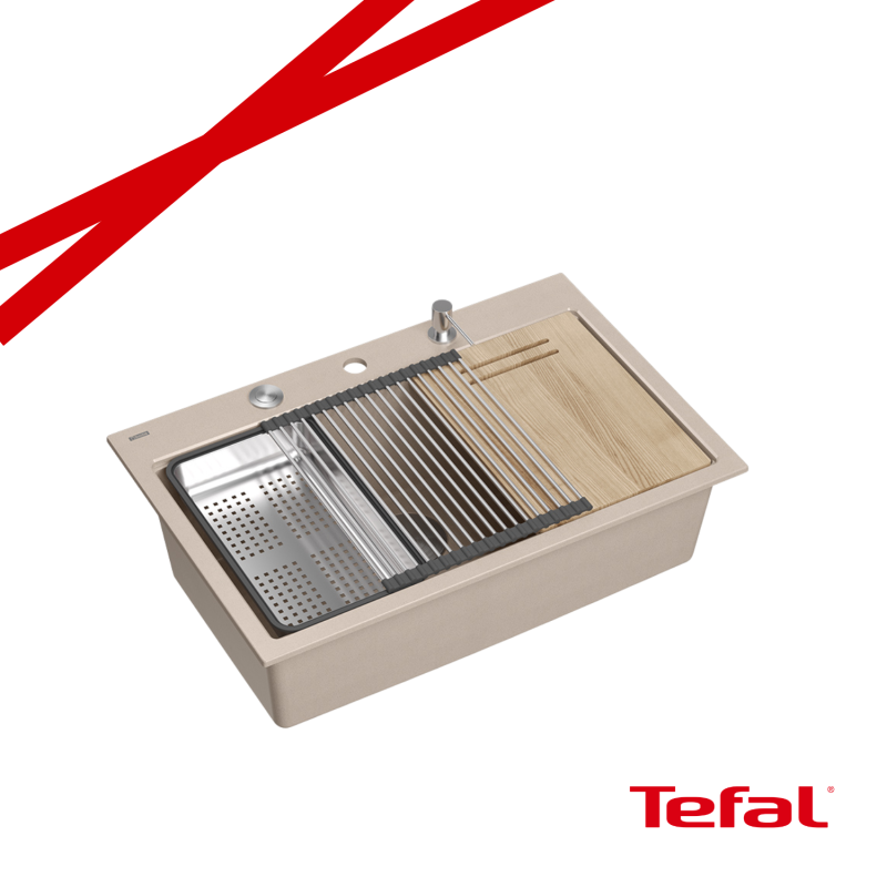 MARC 110 WORKSTATION GraniteQ zlewozmywak 1-komorowy 760*500*235 mm pearl beige / elementy stalowe + PATELNIA TEFAL WOK