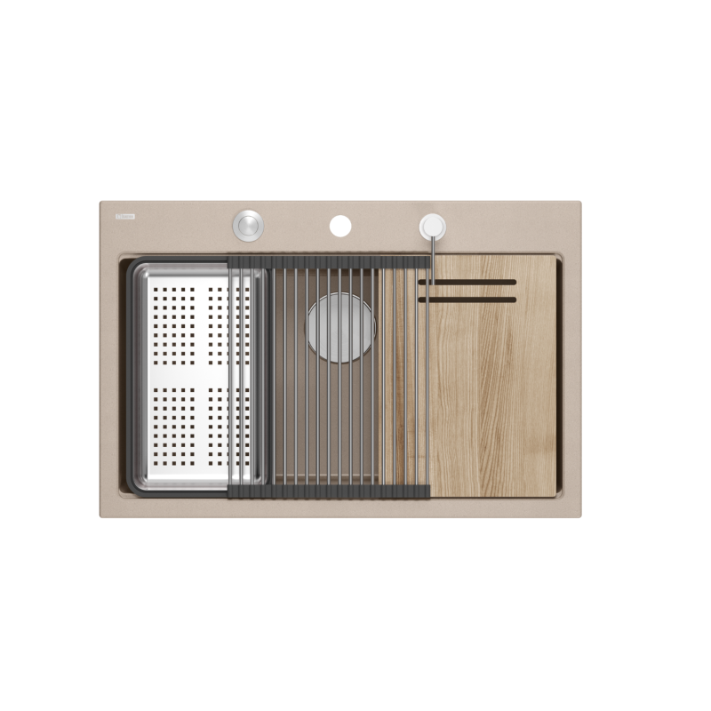 MARC 110 WORKSTATION GraniteQ zlewozmywak 1-komorowy 760*500*235 mm pearl beige / elementy stalowe + PATELNIA TEFAL WOK