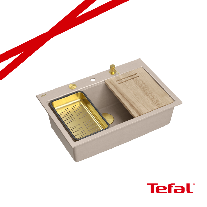 MARC 110 WORKSTATION GraniteQ zlewozmywak 1-komorowy 760*500*235 mm pearl beige / elementy złote + PATELNIA WOK TEFAL