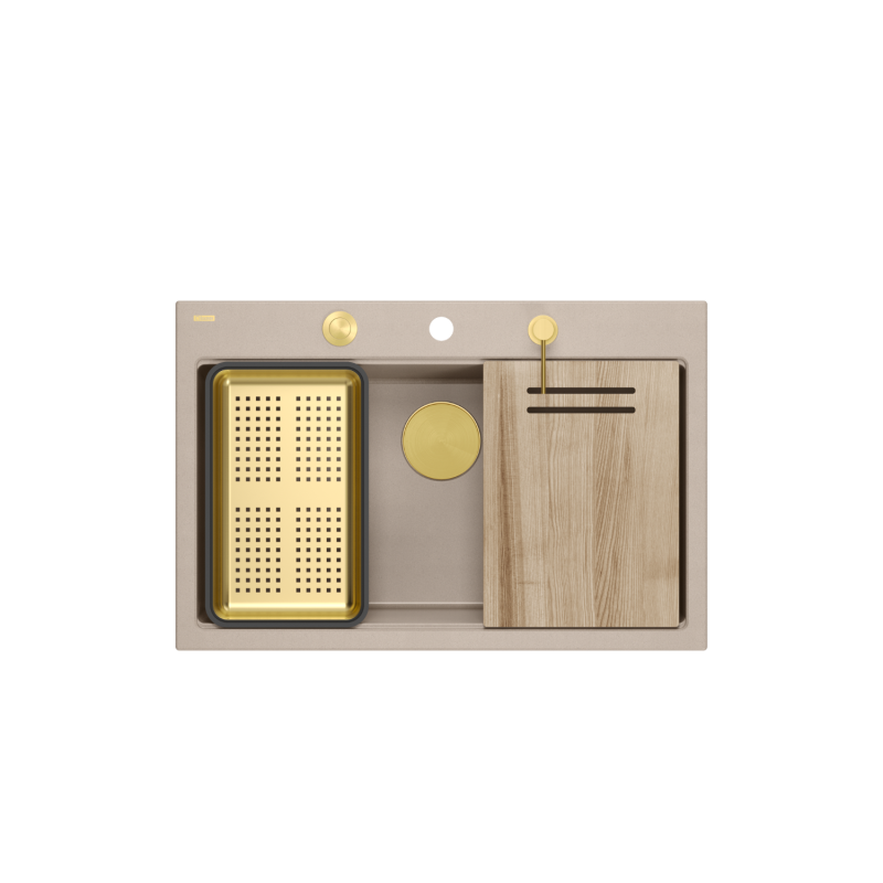 MARC 110 WORKSTATION GraniteQ zlewozmywak 1-komorowy 760*500*235 mm pearl beige  / elementy złote + PATELNIA WOK TEFAL