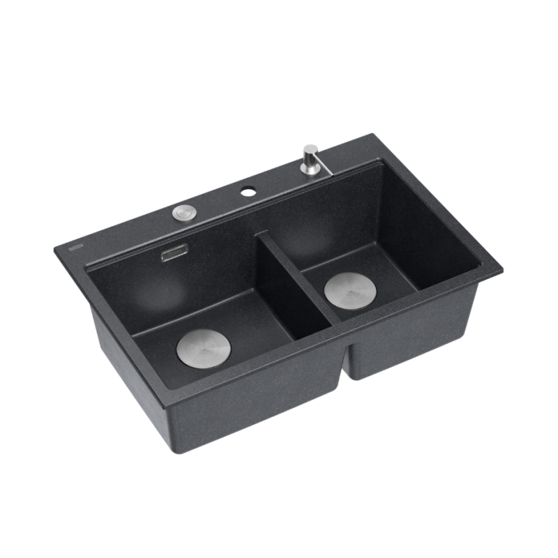 MARC 120 WORKSTATION GraniteQ zlewozmywak 2-komorowy 760*500*235 mm black diamond / elementy stalowe + PATELNIA TEFAL WOK