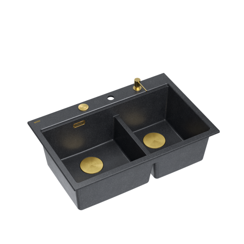 MARC 120 WORKSTATION GraniteQ zlewozmywak 2-komorowy 760*500*235 mm black diamond  / elementy złote + PATELNIA TEFAL WOK