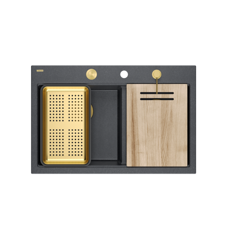 MARC 120 WORKSTATION GraniteQ zlewozmywak 2-komorowy 760*500*235 mm black diamond  / elementy złote + PATELNIA TEFAL WOK