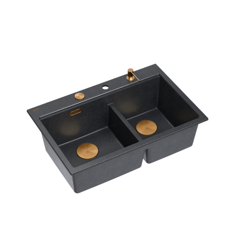 MARC 120 WORKSTATION GraniteQ zlewozmywak 2-komorowy 760*500*235 mm black diamond / elementy miedziane + PATELNIA WOK TEFAL