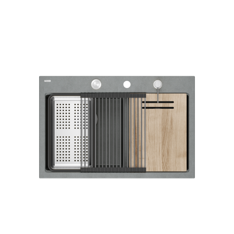 MARC 120 WORKSTATION GraniteQ zlewozmywak 2-komorowy 760*500*235 mm silver stone / elementy stalowe + PATELNIA TEFAL WOK
