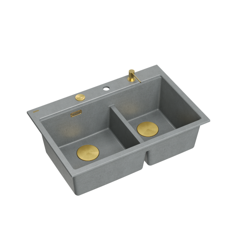MARC 120 WORKSTATION GraniteQ zlewozmywak 2-komorowy 760*500*235 mm silver stone / elementy złote + PATELNIA TEFAL WOK
