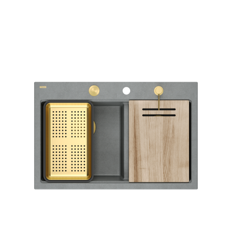MARC 120 WORKSTATION GraniteQ zlewozmywak 2-komorowy 760*500*235 mm silver stone / elementy złote + PATELNIA TEFAL WOK