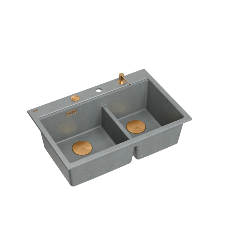 MARC 120 WORKSTATION GraniteQ zlewozmywak 2-komorowy 760*500*235 mm silver stone / elementy miedziane + PATELNIA TEFAL WOK