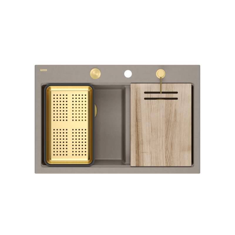 MARC 120 WORKSTATION GraniteQ zlewozmywak 2-komorowy 760*500*235 mm soft taupe / elementy złote + PATELNIA TEFAL WOK