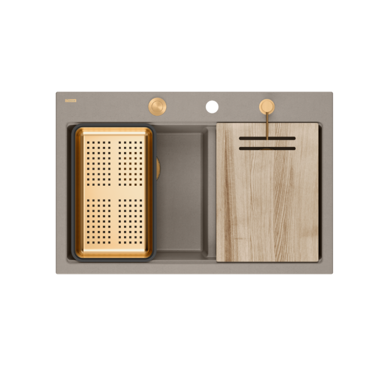 MARC 120 WORKSTATION GraniteQ zlewozmywak 2-komorowy 760*500*235 mm soft taupe / elementy miedziane + PATELNIA TEFAL WOK