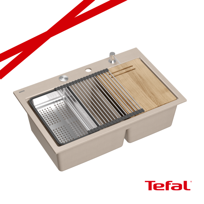 MARC 120 WORKSTATION GraniteQ zlewozmywak 2-komorowy 760*500*235 mm pearl beige / elementy stalowe + PATELNIA TEFAL WOK