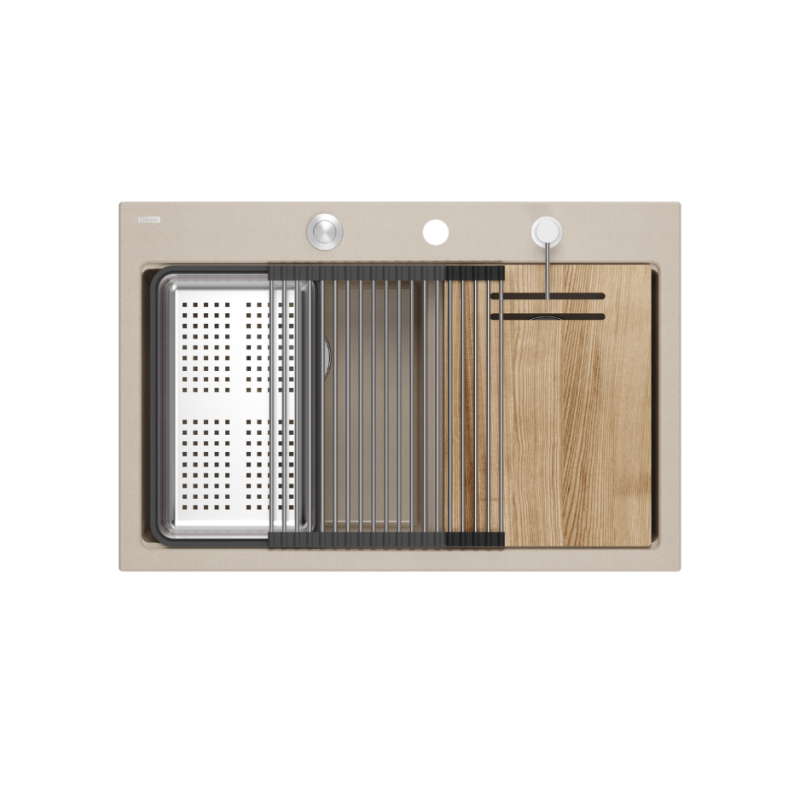 MARC 120 WORKSTATION GraniteQ zlewozmywak 2-komorowy 760*500*235 mm pearl beige / elementy stalowe + PATELNIA TEFAL WOK