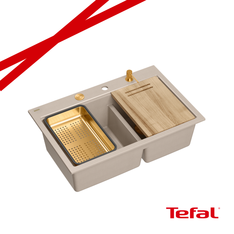 MARC 120 WORKSTATION GraniteQ zlewozmywak 2-komorowy 760*500*235 mm pearl beige / elementy miedziane + PATELNAI WOK TEFAL