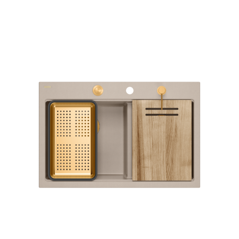 MARC 120 WORKSTATION GraniteQ zlewozmywak 2-komorowy 760*500*235 mm pearl beige / elementy miedziane + PATELNAI WOK TEFAL