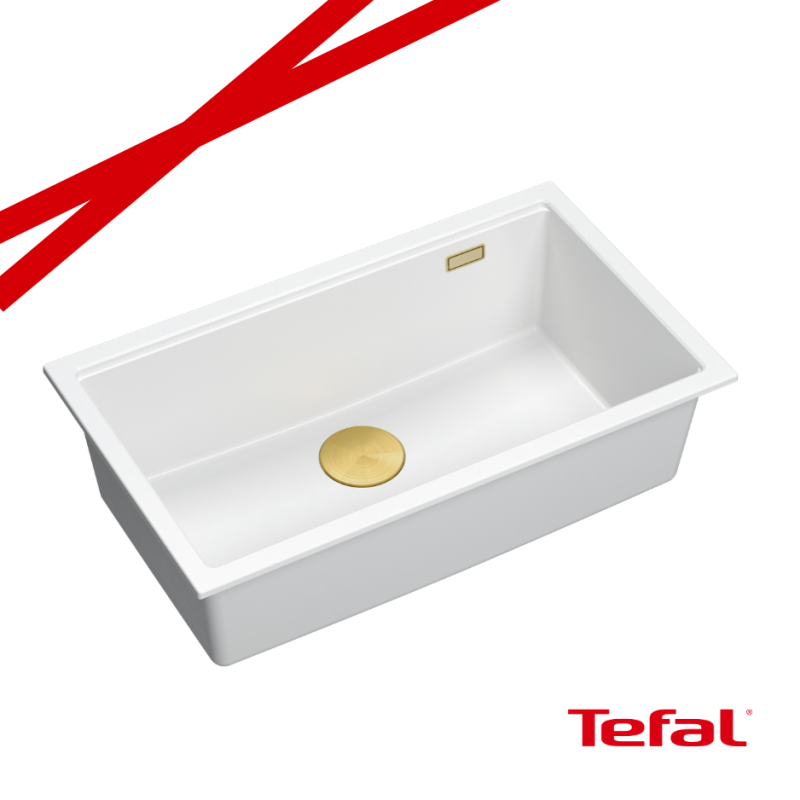 LOGAN 110 GraniteQ zlewozmywak snow white 76x45x23,5 cm 1-komorowy wpuszczany z syfonem manualnym złoty + PATELNIA TEFAL WOK