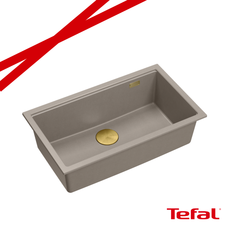 LOGAN 110 GraniteQ zlewozmywak soft taupe 76x45x23,5 cm 1-komorowy wpuszczany z syfonem manualnym złoty + PATELNIA TEFAL WOK