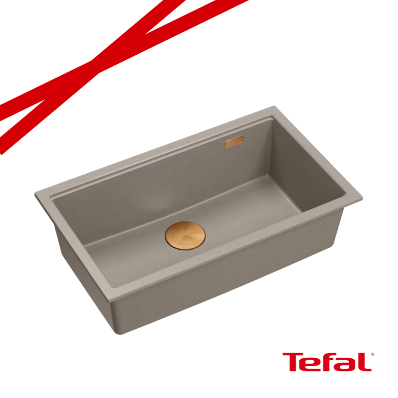 LOGAN 110 GraniteQ zlewozmywak soft taupe 76x45x23,5 cm 1-komorowy wpuszczany z syfonem manualnym miedziany + PATELNIA TEFAL WOK