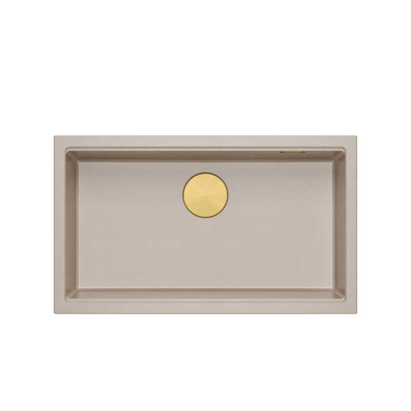 LOGAN 110 GraniteQ zlewozmywak pearl beige 76x45x23,5 cm 1-komorowy wpuszczany z syfonem manualnym złoty + PATELNIA TEFAL WOK