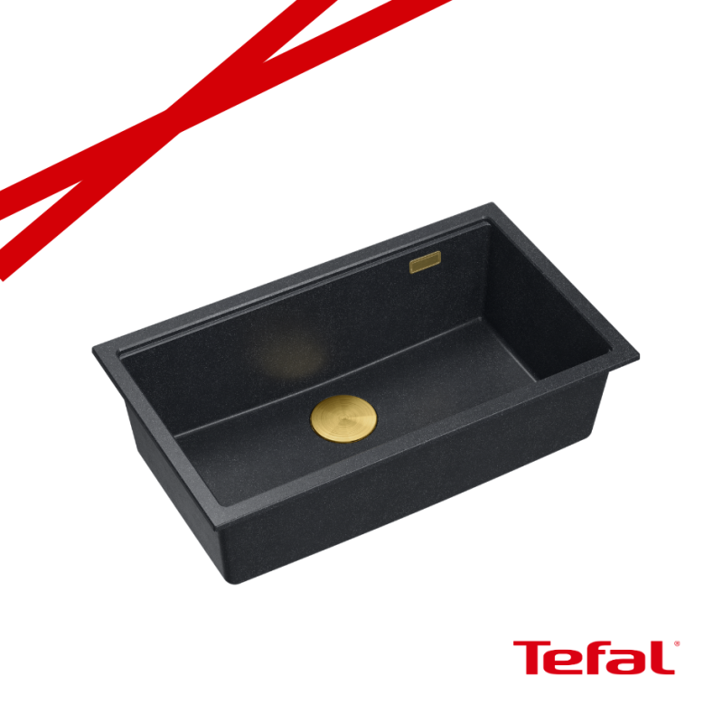 LOGAN 110 GraniteQ zlewozmywak black diamond 76x45x23,5 cm 1-komorowy podwieszany z syfonem manualnym złoty + PATELNAI TEFAL WOK