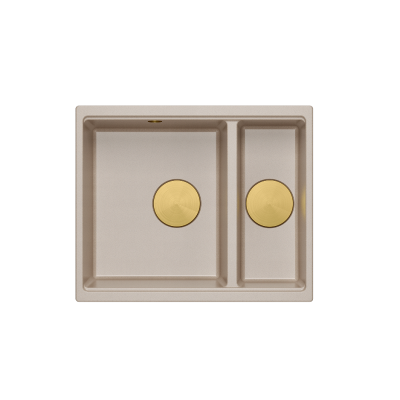 LOGAN 150 GraniteQ zlewozmywak pearl beige 56x46x22 cm 1,5-komorowy b/o wpuszczany + syfon złoty+ PATELNIA INDUKCJA