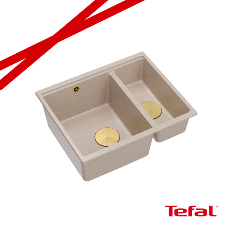 LOGAN 150 GraniteQ zlewozmywak pearl beige 56x46x22 cm 1,5-komorowy b/o wpuszczany + syfon złoty+ PATELNIA INDUKCJA