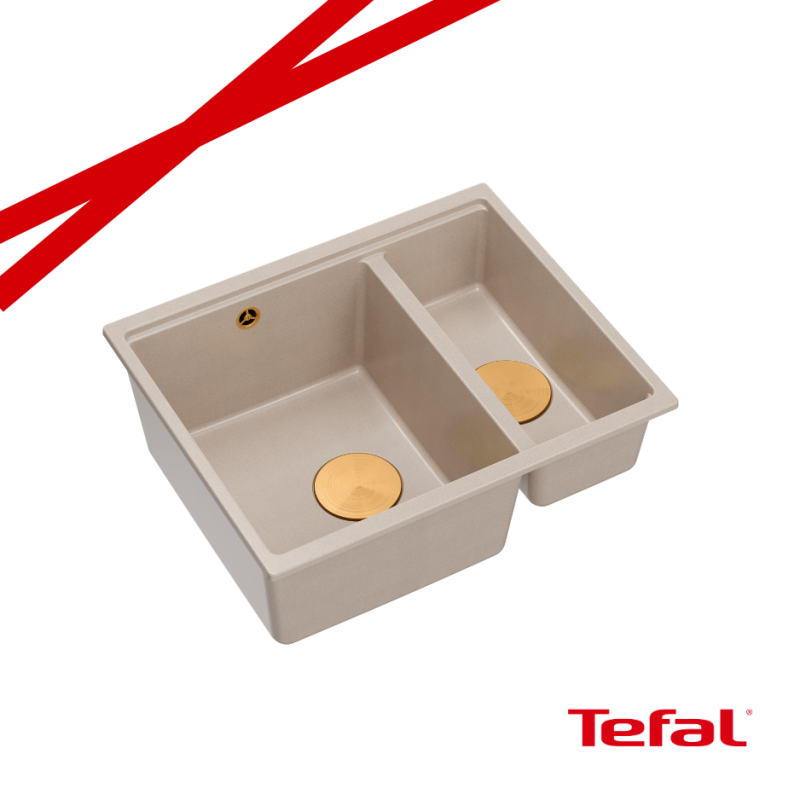 LOGAN 150 GraniteQ zlewozmywak pearl beige 56x46x22 cm 1,5-komorowy b/o wpuszczany + syfon miedź+ PATELNIA INDUKCJA