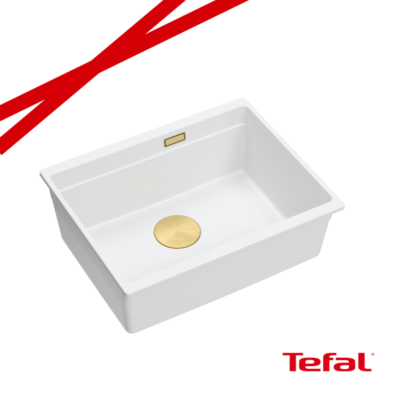 LOGAN 100 GraniteQ zlewozmywak snow white 56x45x21,5 cm 1-komorowy podwieszany z syfonem manualnym złoty + PATELNIA TEFAL INDUKC