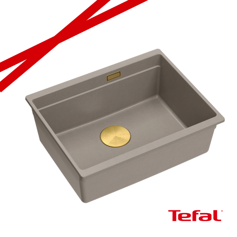 LOGAN 100 GraniteQ zlewozmywak soft taupe 56x45x21,5 cm 1-komorowy podwieszany z syfonem manualnym złoty + PATELNIA TEFAL INDUKC