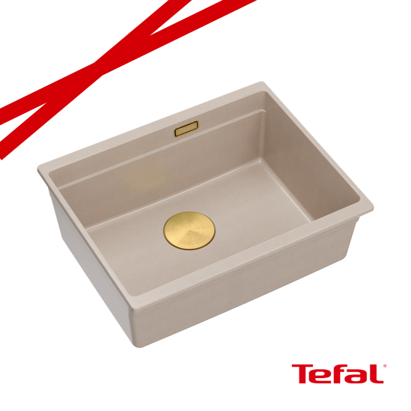LOGAN 100 GraniteQ zlewozmywak pearl beige 56x45x21,5 cm 1-komorowy podwieszany z syfonem manualnym złoty + PATELNAI TEFAL INDUK