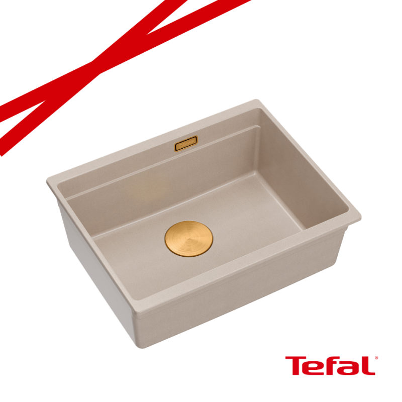 LOGAN 100 GraniteQ zlewozmywak pearl beige 56x45x21,5 cm 1-komorowy pod/ z syfonem miedziany + PATELNIA INDUKCJA