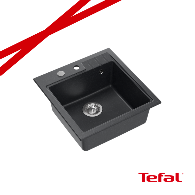 PETER 110 GraniteQ zlewozmywak granitowy black dotted (czarny) 1-komorowy z/o (50x52x20) z syfonem i zaślepką + PATELNIE TEFAL N
