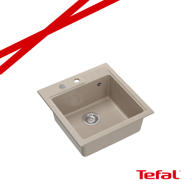 PETER 110 GraniteQ zlewozmywak granitowy pearl beige (beżowy) 1-komorowy z/o (50x52x20) z syfonem i zaślepką + PATELNIA TEFAL NA