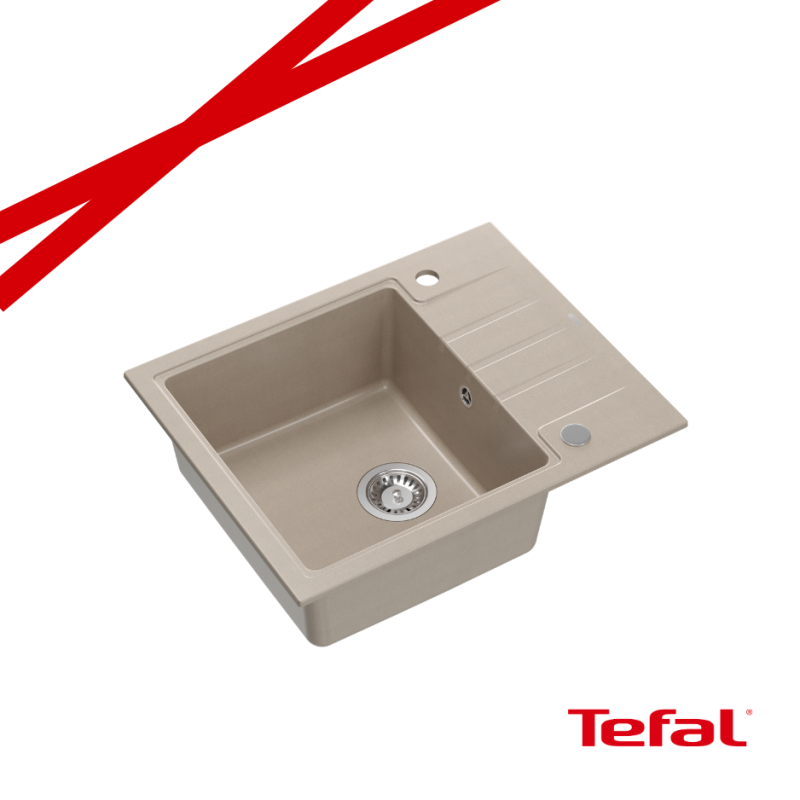 PETER 116 GraniteQ zlewozmywak granitowy pearl beige (beżowy) 1-komorowy z/o (62x50x20) z syfonem i zaślepką + PATELNIA TEFAL NA